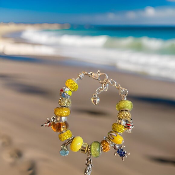 Yellow Beach Charm Bracelet~ w Mermaid~ 7 in plus chain - Picture 3 of 3